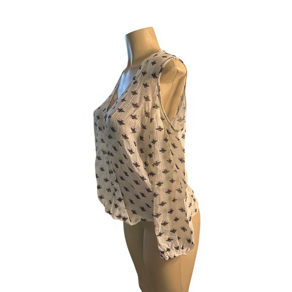 Women US-4 Topshop Cream Bee Print Blouse Shirt Top Faux Wrap Cold Shoulder - Picture 3 of 6